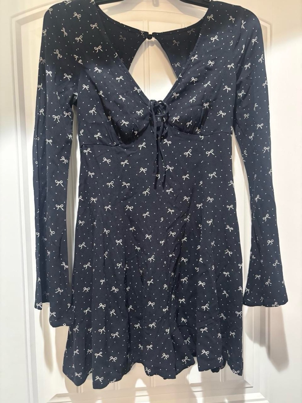 American Eagle Outfitters Navy Long-Sleeve Tie-Front Bow Print Dress